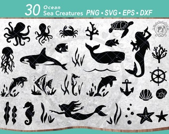 30 Ocean animals SVG bundle | Sea Creatures | Sea Life | Beach | Mermaid | Dolphin | Turtle | Crab | Orca | Octopus | Sea Shells | jellyfish