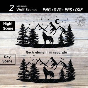 Huilende wolf SVG bos boom berglandschap | Boslandschap met dieren met maanster | Bestand gesneden in hout | Buitenshuis winterdennenboom silhouet