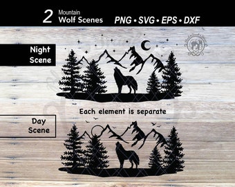Lobo aullando SVG Bosque Árbol Montaña Paisaje / Escena de bosque animal con luna y estrella / Archivo de corte de bosque / Silueta de pino invernal al aire libre