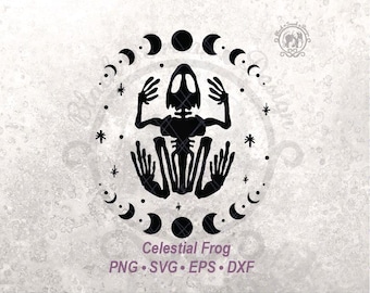 Celestial Skeleton Frog SVG Clipart | Gothic Halloween Shirt Graphic | Witchy Crescent Moon & Stars (Digital Download)