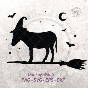 Burro de Halloween SVG, espeluznante animal de granja de brujas, camiseta, gráfico vectorial / Linda silueta de burro en escoba de otoño / Luna creciente y cielo de murciélago