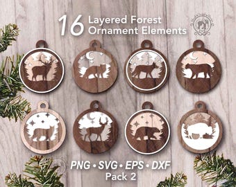 Paquete de 16 archivos SVG para adornos navideños de bosque (archivos láser) / Adornos de invierno para árbol de Navidad / Decoración de árbol con animales en capas / Paquete SVG de invierno