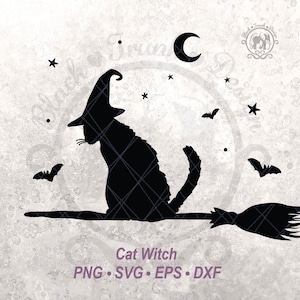 Black Cat Halloween SVG Spooky Witchy shirt afbeelding | Schattig herfstseizoen kat heks op bezem silhouet gesneden bestand | Halve maan en vleermuishemel
