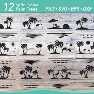 Può includere: Dodici disegni di palme in cornice divisa. I disegni presentano palme, sole, acqua e altri elementi da spiaggia. I disegni sono perfetti per creare progetti personalizzati come magliette, tazze e decorazioni per la casa.