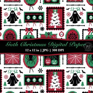 Puede incluir: Papel digital con un patrón repetitivo de elementos góticos navideños. El diseño incluye un fantasma negro con cuernos, un árbol de Navidad, telarañas, calabazas y calaveras, todo enmarcado en rojo y verde. Se muestra el texto "Goth Christmas Digital Paper".