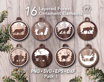 Paquete de 16 adornos navideños de bosque con archivos láser SVG / Adorno de árbol de Navidad de invierno / Decoración de árbol de Navidad en capas / Paquete SVG de invierno