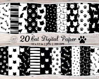 Zestaw 20 bezszwowych cyfrowych papierów w formacie JPG z motywem kotów | Papier do scrapbookingu do druku ze zwierzętami | Czarno-białe wzory | Zestaw uroczych teł z motywem kota