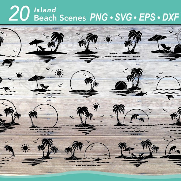 20 Tropical Island Beach Scene SVG bundle | Circle Ocean dolphin scene | Summer landscape | Beach chair | Sea Turtle silhouette | Palm Trees