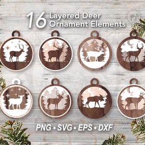 Ornement de Noël de 16 cerfs, fichier laser SVG | Ornement d'arbre de forêt d'hiver de wapiti coupé fichier | Décoration d'arbre à faire soi-même en couches pour les fêtes