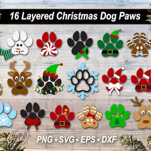 16 Weihnachten Hundepfoten Abdruck SVG Vektor Bundle | Niedliche Festliche Winter Pet Multilayer Cut Grafik | Ferien Saison Tier Sweatshirt Clipart