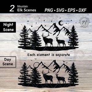 Elanden SVG bos berg maan landschap vector shirtafbeelding | Dierlijke Woodland Star Scene | Bossen buiten Winter Pine Tree silhouet snijden bestand