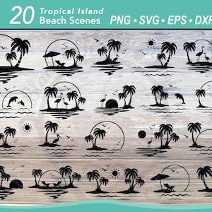 20 Tropische Strandszene SVG bündeln | Ozean Delfin Szene | Sonnenuntergang Palme Silhouette | Flamingo Landschaft | Pelikan Vögel | Strandstuhl