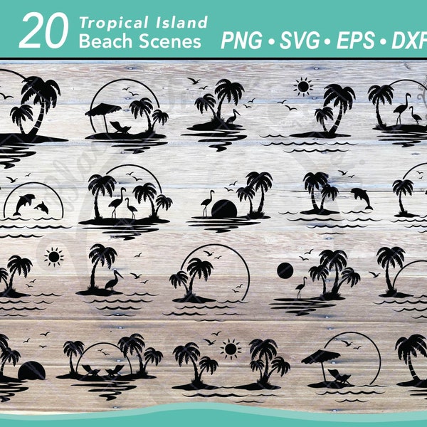 20 Tropical Beach Scene SVG bundle | Ocean dolphin scene | Sunset palm tree silhouette | Flamingo landscape | Pelican birds | Beach chair