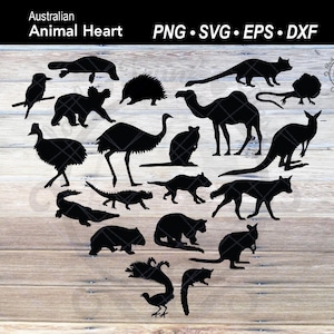 Australisches Tier SVG Herz-Silhouette | Schnabeltier | Känguru | Tasmanischer Teufel | Koala Shirt Grafik | Wallaby | Wombat | Quokka | Kasuar