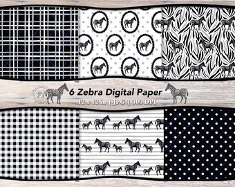6 Zebra Digital Papers JPG Bundle | Printable Black Animal Seamless Patterns | Gingham, Dot, Stripe Backgrounds (Digital Download)