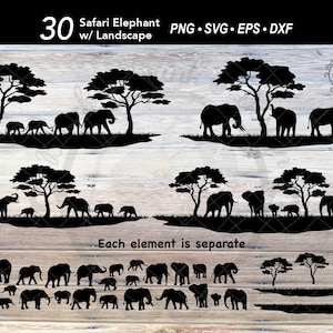 30 elefantsilhuetter SVG-paket | Afrikansk elefantfamilj landskapsscen | Zoo vilda djur Clipart | Elefantälskare skjorta grafikfil
