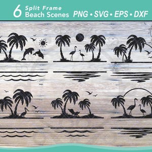 6 Tropische Strandszene Split Frame SVG Bundle Schnittdatei | Familienname Monogramm Rahmen | Sonnenuntergang Palme Silhouette | Bordüre Meereswellen