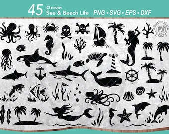 45 Ocean SVG Clipart Bundle | Underwater Beach Sea Creature Animals: Turtle, Mermaid, Octopus, Sea Shell Cut files (Digital Download)