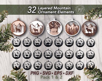 32 Forest Christmas Ornament Laser File SVG Bundle | Layered Animal Mountain Scene Tree Decor Cut Files (Digital Download)