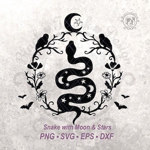 Silueta de escena SVG de Halloween con serpiente bruja, luna creciente celestial, estrella / Gráfico de camiseta de temporada espeluznante / Etiqueta de poción mística, murciélago, reptil