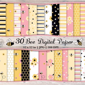 Lot de 30 abeilles roses transparentes en papier numérique JPG | Motif abeille | Papier de scrapbooking imprimable Bumble Bee | Fond de fleur d'abeille en nid d'abeille