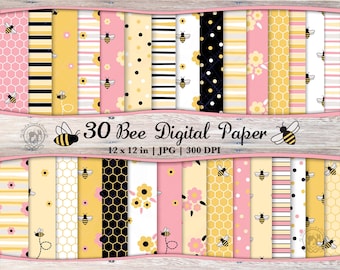30 Seamless Pink Bee Digital Paper JPG Bundle | Honey Bee Pattern | Bumble Bee Printable Scrapbook Paper | Honeycomb Bee Flower Background