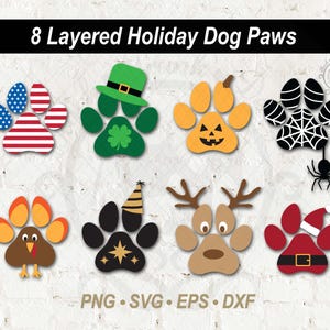 8 Paw Print SVG Bundle | Warstwowa grafika wektorowa dla zwierząt w okresie świątecznym | Uroczy pies Bandana PNG Cyfrowy Clipart Boże Narodzenie, Halloween, Dzień Świętego Patryka