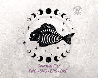Celestial Skeleton Fish SVG Clipart | Gothic Fish Halloween Shirt Graphic | Witchy Crescent Moon & Stars Cut File (Digital Download)