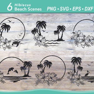 6 Hawaiianische Blumen Strandszene SVG Bundle | Hibiscus Tropical Rahmen Schnittdateien | Ozean Tier Welle Landschaft Silhouette | Palme Clipart