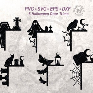 May include: Six black and white Halloween door trim designs. The designs include a ghost, a cat, an owl, a lantern, a coffin, and a potion bottle.