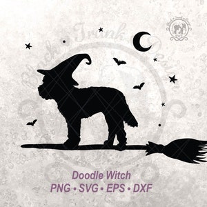 Labradoodle SVG Spooky Halloween Witchy Doodle shirtafbeelding | Schattig herfstseizoen hond heks op bezem silhouetbestand | Halve maan en vleermuishemel