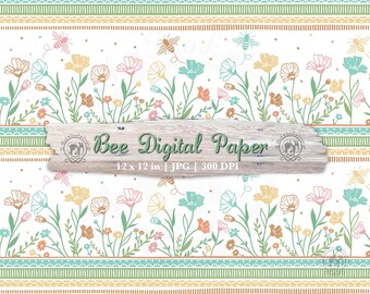 Floral Seamless Digital Pattern | Handrawn Spring Wildflower Bee Printable Scrapbook Paper (Digital Download)