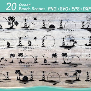 20 Tropische Strandszene SVG bündeln | Leuchtturmszene | Strand Ozean Silhouette | Pelikan Vögel | Delfine | Segelboot svg | Kreis Rahmen