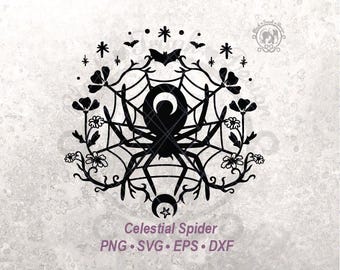 Halloween Spider Web SVG Clipart Scene | Fall Season Spider Shirt Graphic | Witchy Bat Celestial Moon & Star cut File (Digital Download)