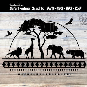 Safari Animal Silhouette Landscape SVG Shirt Graphic / Sud Africa Scenario Safari Natura / Amante degli elefanti / Leone DXF / Giraffa PNG / Rinoceronte