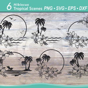 6 Ocean Scene SVG Bundle / Hibiscus Hawaiian Flower Tropical Frame / Spiaggia Estate Paesaggio Palma Silhouette File di taglio Grafica digitale