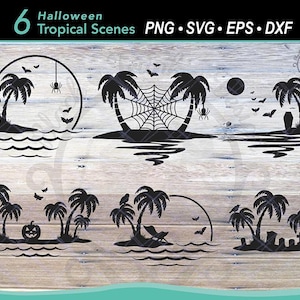 6 Goth Summer Ocean Scene SVG Bundle Digital Vector Shirt Graphic | Tropical Halloween Beach Cut File | Palm Tree Landscape Silhouettes