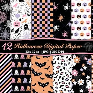 Pode incluir: Uma coleção de 12 papéis digitais com tema de Halloween, cada um com 30,48 cm x 30,48 cm, apresentando vários padrões. Os designs incluem teias de aranha, fantasmas, abóboras, morcegos e caveiras em preto, laranja, rosa e branco. O texto diz "12 Halloween Digital Paper".