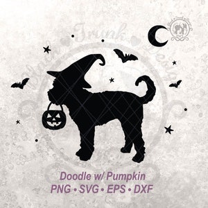 Gráfico de camiseta con dibujo de bruja espeluznante de perro labradoodle, calabaza de Halloween, archivo de silueta de perro bruja de temporada de otoño linda, luna creciente y murciélago