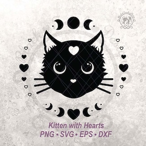 Katze SVG Clipart | Runde schwarze Katzenherz-himmlische Mond-Grafik-Schnittdatei | Mystisches Vektor Shirt Valentinstag Design (Digitaler Download)