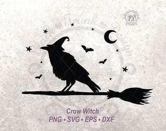 Gráfico vectorial de camiseta de bruja espeluznante con cuervo de Halloween SVG / Lindo pájaro de otoño en escoba, silueta, archivo de corte / Luna creciente, estrella y cielo de murciélago