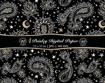 Paisley Seamless Pattern JPG | Repeatable Celestial Paisley Background Printable Scrapbook Paper: Black White Tan (Digital Download)