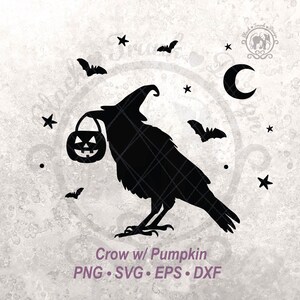 Camiseta de abóbora de Halloween com estampa de corvo e bruxa assustadora em SVG | Arquivo de corte de silhueta de pássaro fofo para o outono | Lua crescente, estrelas e céu de morcego