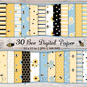30 blaue nahtlose Bienen-Digitalpapier-JPG-Bundle | Honigbienenmuster | Bumble Bee druckbares Scrapbook-Papier | Bienenwaben-Wiederholungs-Blumen-Hintergrund