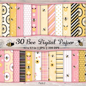 Pode incluir: Uma coleção de 30 papéis digitais com tema de abelhas, cada um com 30,48 cm x 30,48 cm, apresentando vários padrões como listras, bolinhas e desenhos de favos de mel. A paleta de cores inclui amarelo, rosa e preto, com ilustrações de abelhas. O texto diz "30 Bee Digital Paper".
