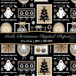 以下が含まれることがあります： ハロウィンとクリスマスのテーマのイラストが繰り返される、黒のデジタルペーパー。デザインには、幽霊、クリスマスツリー、カボチャ、クモの巣、雪の結晶が含まれています。「Goth Christmas Digital Paper」のテキストが表示されています。