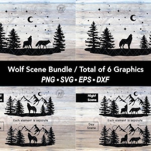 6 Pacchetto grafico SVG con paesaggio di montagna, albero, foresta, lupo e luna / Scena di animali nel bosco / File di taglio del bosco / Silhouette di pino invernale all'aperto