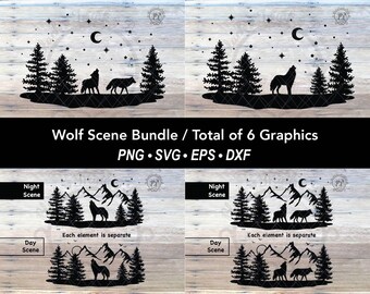 Paquete de gráficos SVG de 6 lobos, árboles, montañas y lunas, escenas de bosques con animales, archivos de corte de bosques, siluetas de pinos invernales al aire libre