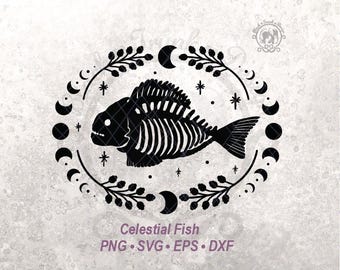 Celestial Skeleton Fish SVG Clipart | Gothic Floral Halloween Shirt Graphic | Witchy Wildflower Botanical Flower Frame (Digital Download)