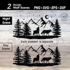 Lupo Foresta Albero Montagna Luna Paesaggio SVG / Animale Scena Bosco / File Taglio Bosco / Esterno Inverno Pino Silhouette / Lupo Ululante